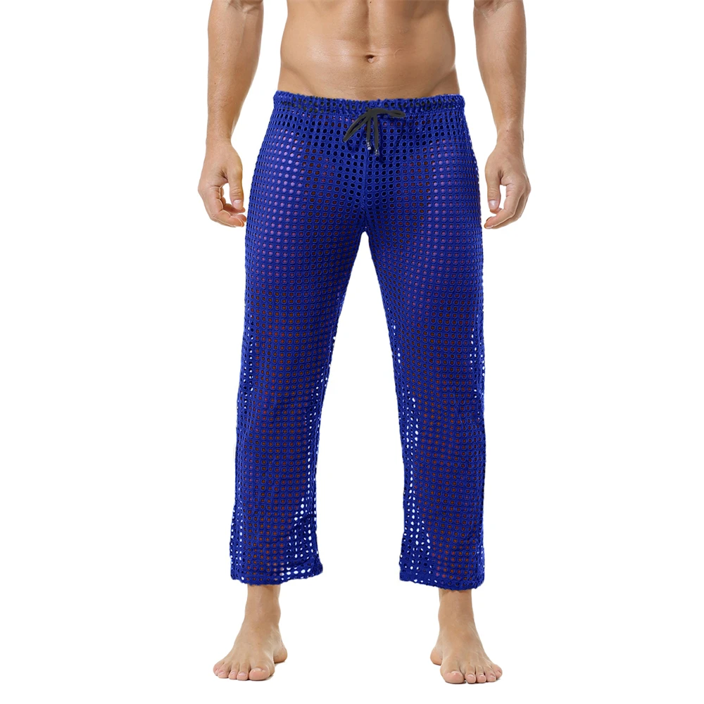 

Men's Mesh Fishnet See Through Casual Pants Drawstring Sport Fitness Loose Long Trousers Male Hollow Out Lounge Sleep Bottoms