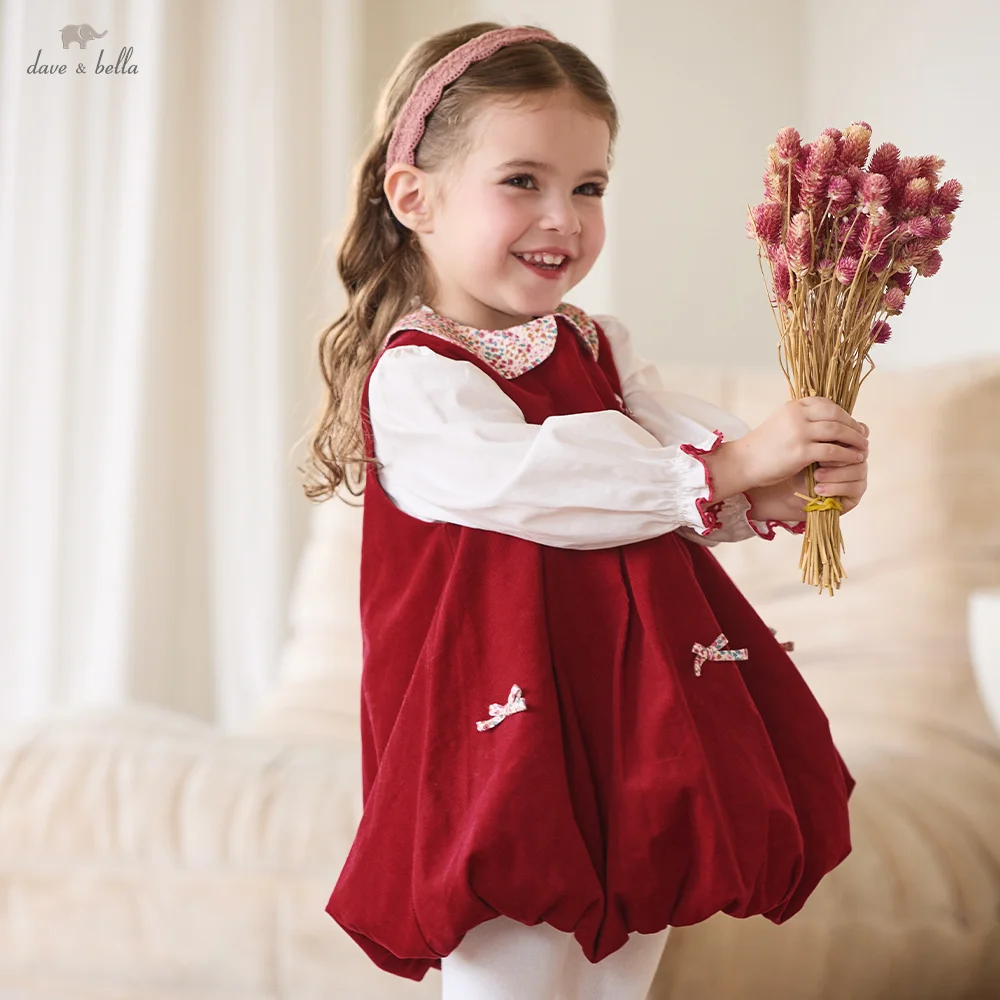 Dave Bella Dresses Bow Girl Pinafore Dress Children Autumn Retro Red Spring Elegant Gathering Charm Sleeveless Fashion DB3262937
