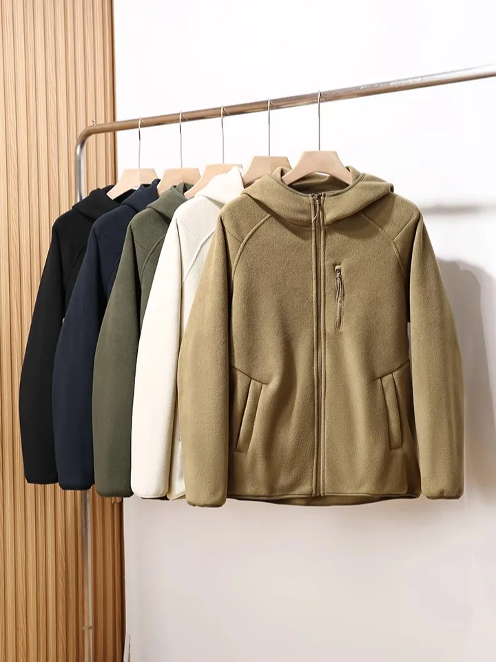 

Thickened Fleece Jacket Lightweight Hooded Fleece Lined Outerwear Casual Style Long Sleeve Zipper Closure Men's Jacket