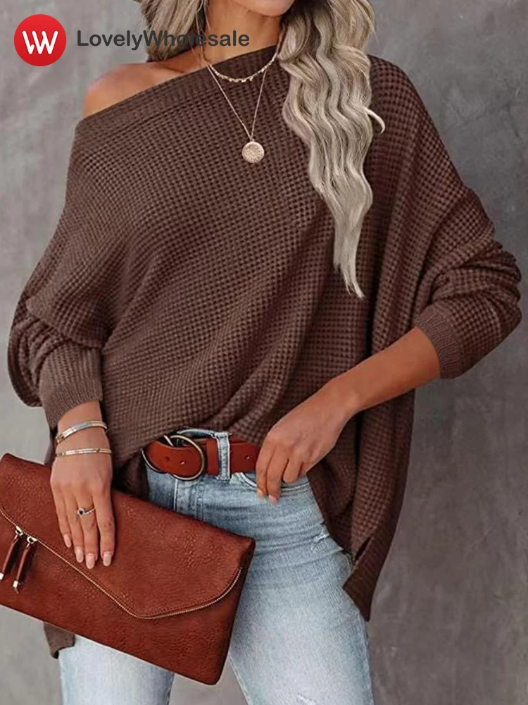 

LW Casual Knitted Sweaters for Women 2025 Spring Loose Long Sleeve Knitwear Pullovers Tops Boat Neck Asymmetrical Sweater Womens