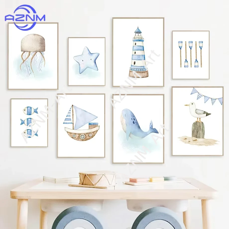 1 Stück, Segelboot, Leuchtturm, Möwe, Wal, Oktopus, Stern, minimalistische Wandkunst, Leinwandgemälde, Poster für Wohnzimmer, modernes Zuhause
