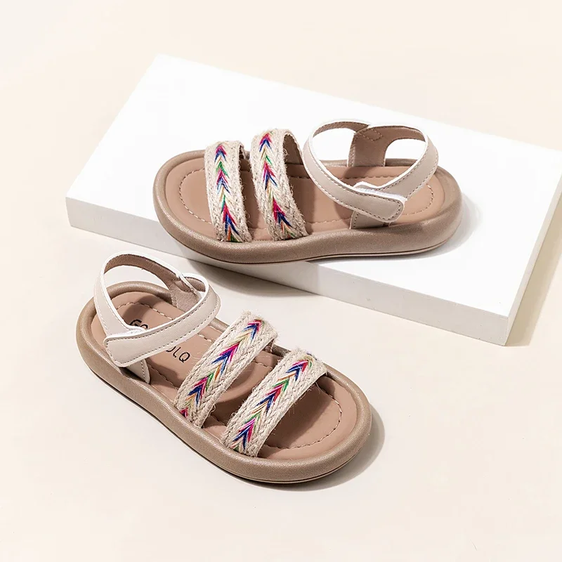 Kids Sandals Ethnic Style Hook&loop Girls Beach Shoes Retro Elegant 2025 Summer New Children Princess Shoes Soft Sole Non-slip