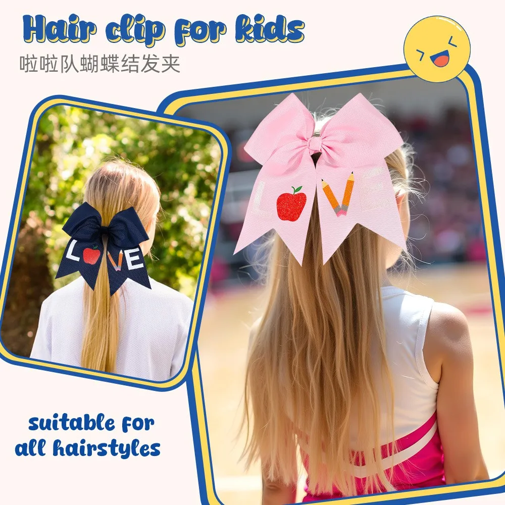 24pcs Large 7'' Girls Hair Clips with Letter Print Ribbon Bows Apple Fruit Patterns Back to School Barrettes Kid Headwear Bulk