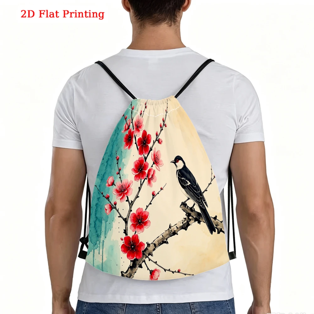 Chinese Ink Wash Red Plum Blossom Bird Pattern Sports Outdoor Travel Drawstring Backpack