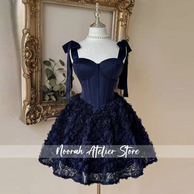 

Navy Blue Corset Homecoming Dress Bow Strap 3D Rose Tulle Short Prom Dress for Women Party Formal Wear