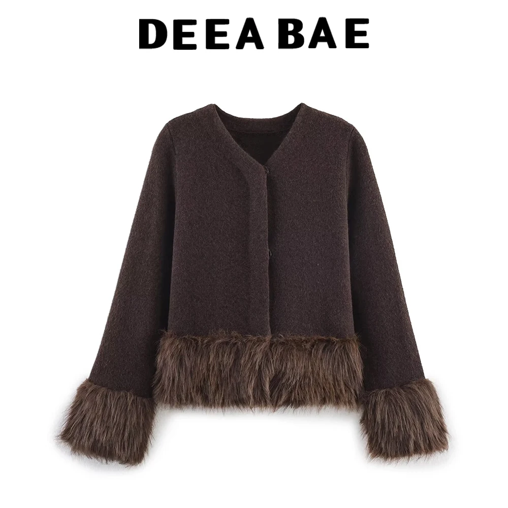 DEEABAE Autumn New Women's Clothing European and American Artificial Fur Effect Splicing Knitted Coat Knitted Dress Set
