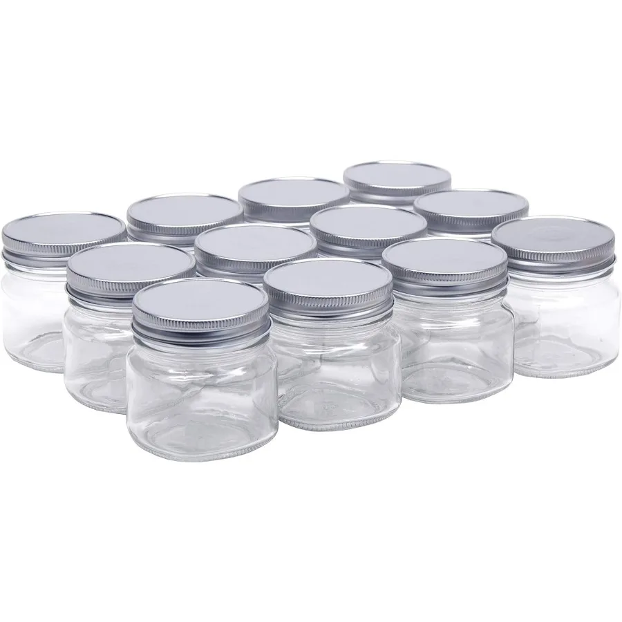 

8 Ounce Glass Smooth Square Regular Mouth Mason Canning Jars for Home Food Storage Preserving and DIY Projects with Silver Meta