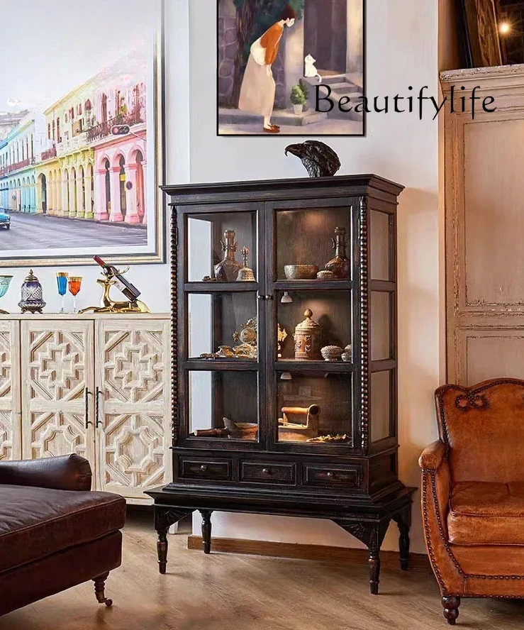 

Nordic Retro Glass High-Grade Home Sideboard Cabinet Solid Wood Living Room Wine Cabinet Kitchen Narrow Side Cupboard