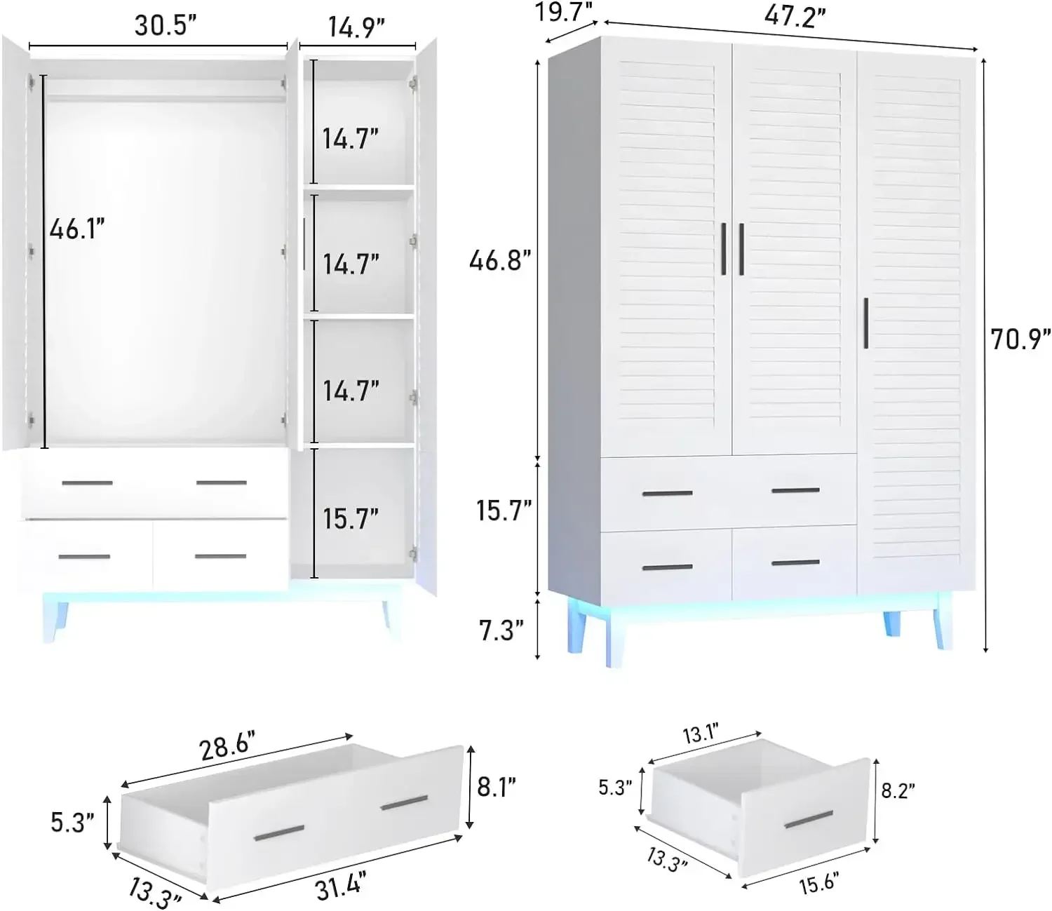 3 Door Armoire Wardrobe Closet Cabinet with Drawers and LED Lights, Multi-Tier Shelves, Hanging Rod & 3 Louver Doors