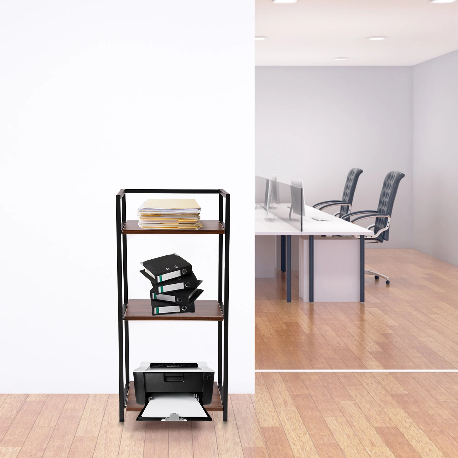 Rak Penyimpanan Printer 3 Tingkat Hitam untuk Kantor, Rak Buku Berdiri dengan Roda