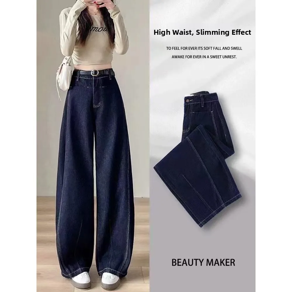 

Retro Deep Blue Wide Leg Jeans Women's Spring Autumn Loose Fit Slim Straight Drapey Long Pants Casual Vintage Sle Denim