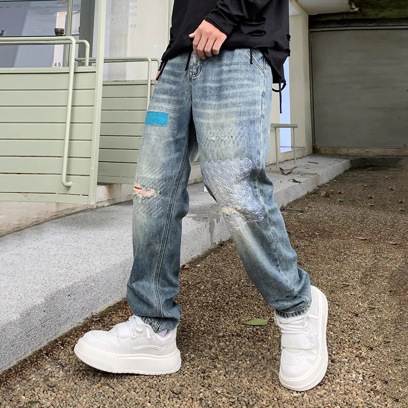 

2024 New Autumn Ripped Jeans Men's Loose Straight Harem Patch Embroidered Fashion Street Denim Trousers