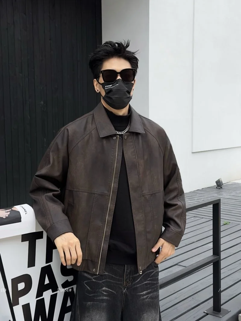 

Retro Leather Jaet for Men Casual Loose Fit Winter Warm Fce Lined Thi Cool Biker Sle Zipper Closure Long Sve Coat