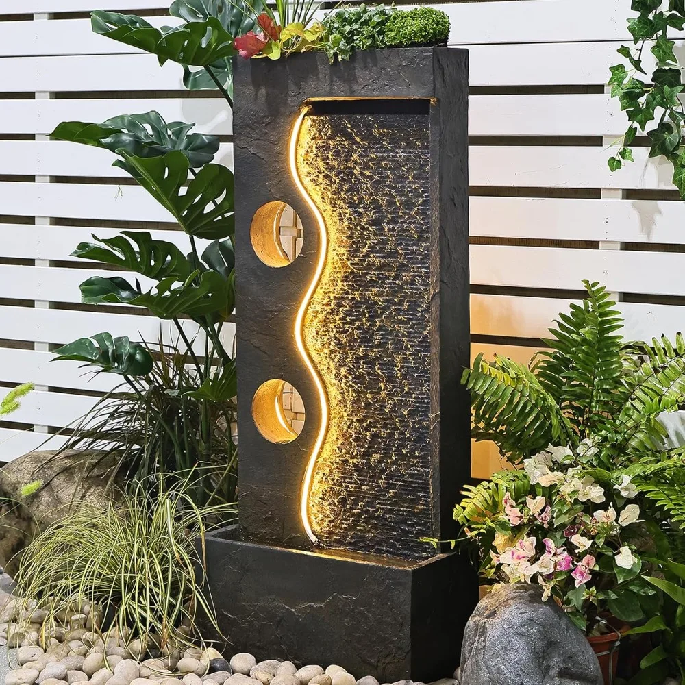 Outdoor Fountain Garden, Modern Water Feature, Independent Fountain with LED Light Strip, Dark Gray, Imitation Rust Finish, 47