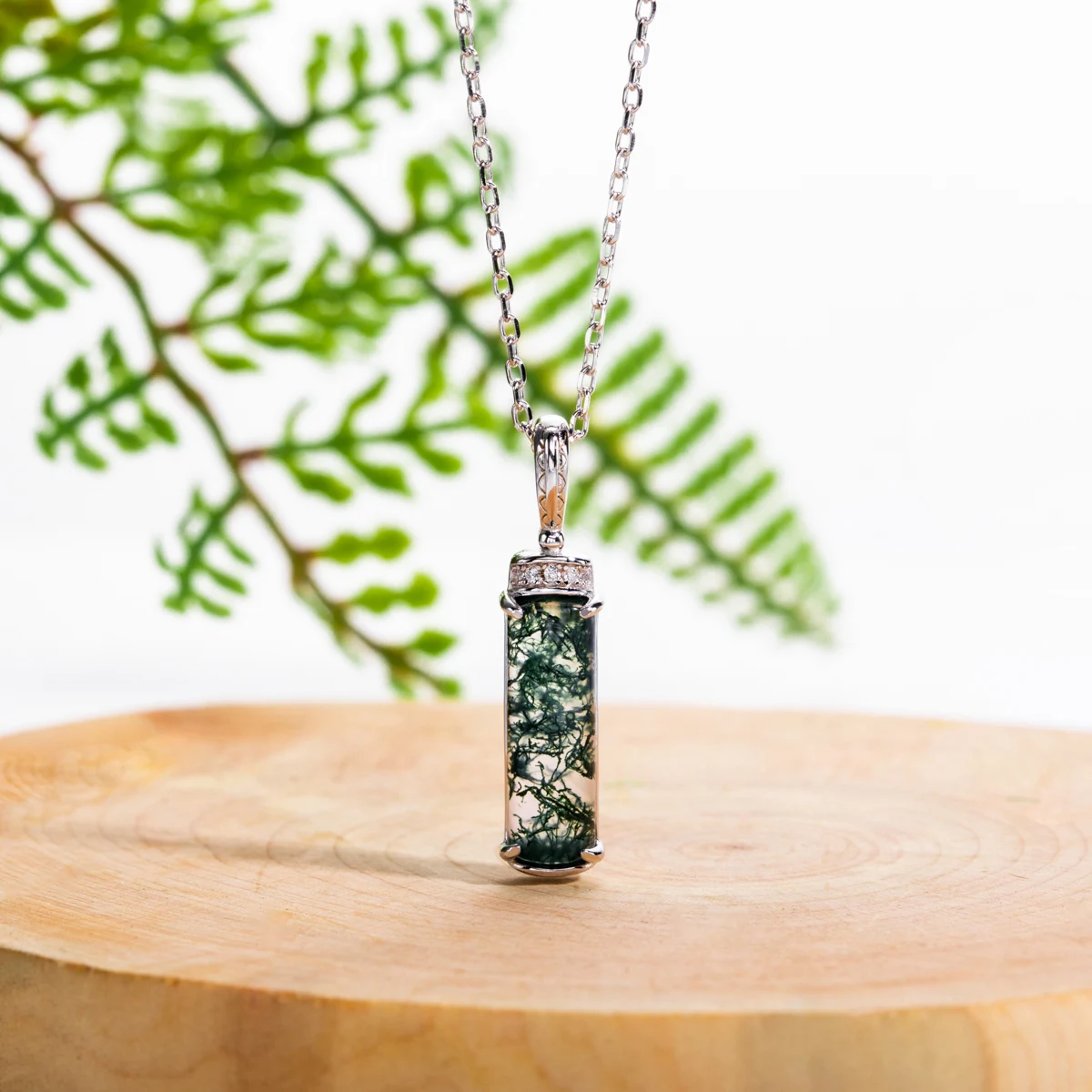 AliMoss 5*15mm Moss Agate Necklace  14k Plated 925 Sterling Silver  CZ Pendant(18+2in) for Women Anniversary Birthday Gifts