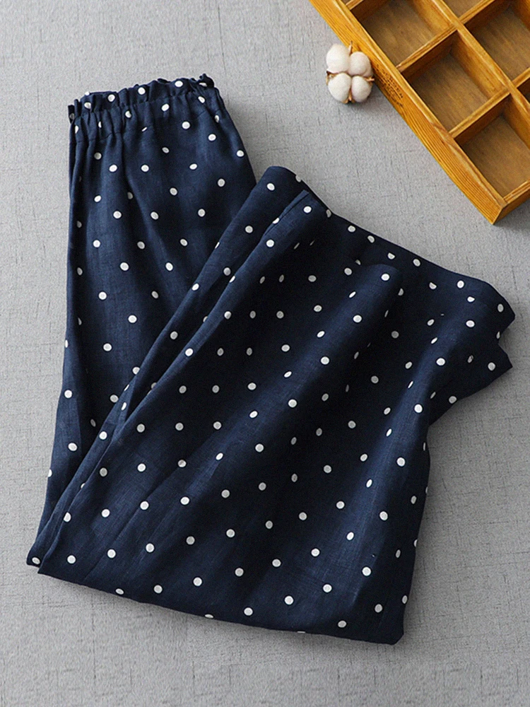 

Japanese Sle Polka Dot Linen Wide Leg Pants Women's Casual Cotton Linen Straight Nine Point Pants High Waist Loose Fit Autumn