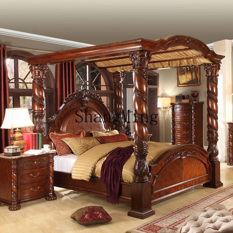 

DHY solid wood carving luxury pillar retro villa bedroom log shelf