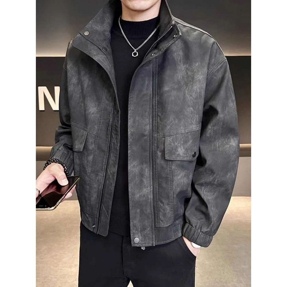 

Casual Leather Jaet Men's Spring Faion Brand Stand Collar 2025 New Loose Pure Color High-End Feeling Leather Coat Trendy ...