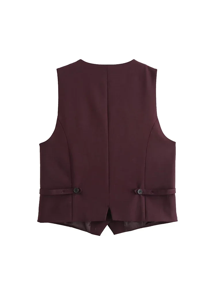 Willshela Women Fashion Wine Red Single Breasted Waistcoats Vest Vintage V-Neck Sleeveless Jackets Female Chic Lady Tank Tops