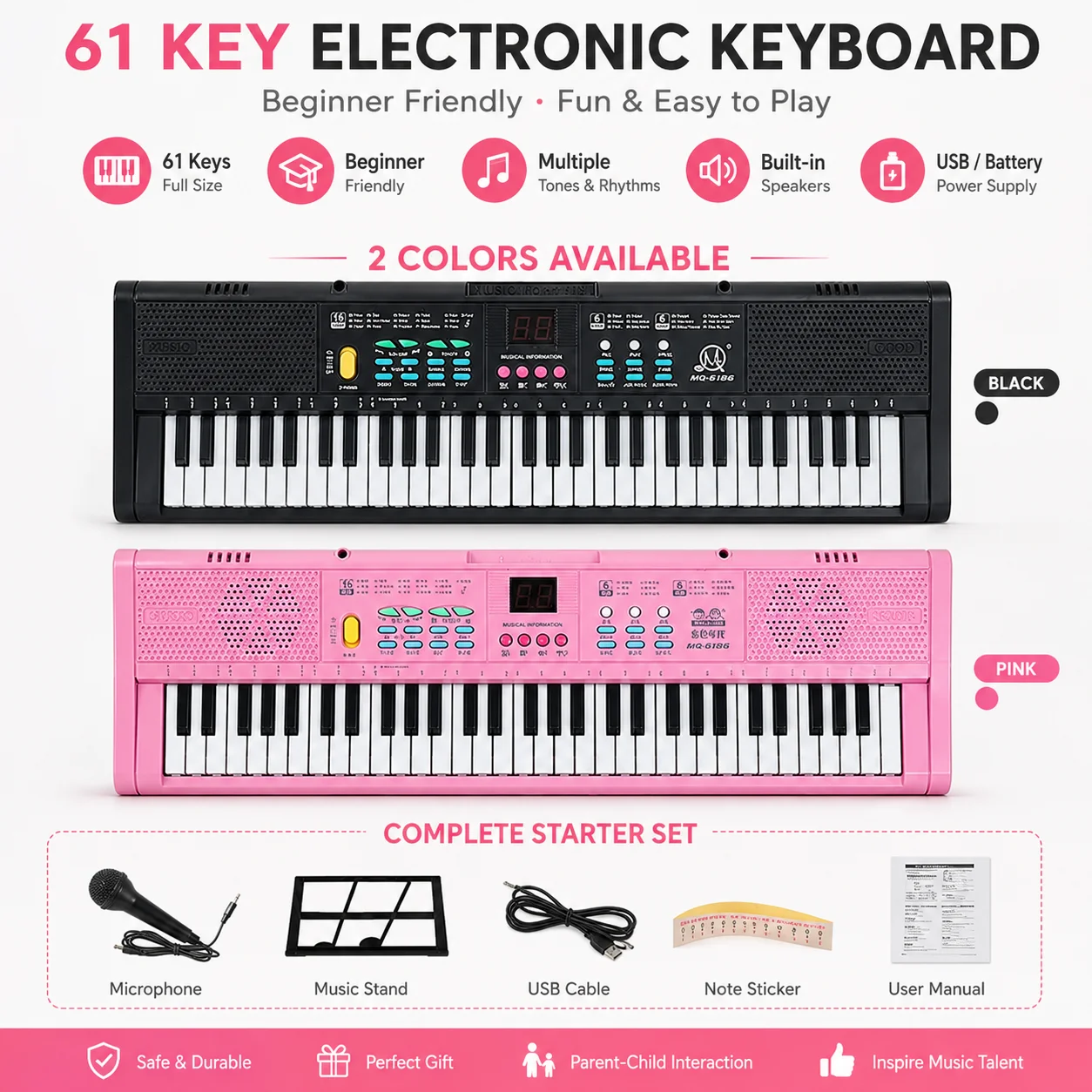 Beginner 61 Keys Digital Music Piano Built-in Speaker Portable Electronic Synthesizer Kit With Mic & Sheet Stand