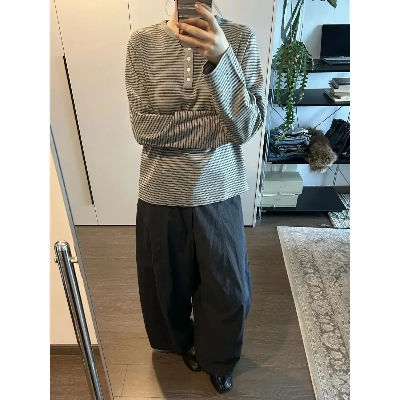 Round Neck Long-sleeved Striped Henley Shirt Korean Style Long-sleeved T-shirt Women's Button Spliced   pullover Winter Top