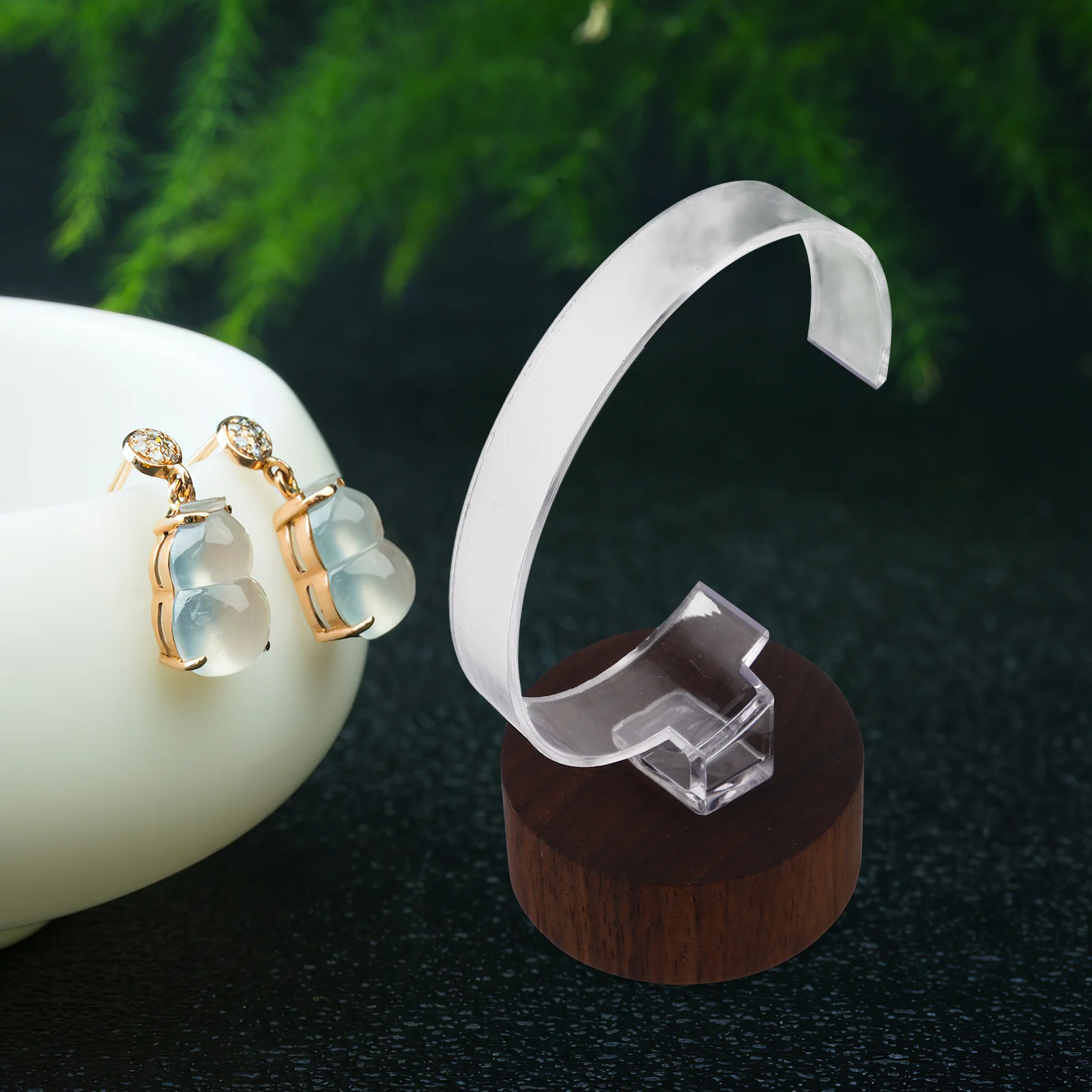 

Black Acrylic Watch Display Stand with Walnut Wood Base for Bracelet Jewelry Organizer Fits Various Styles