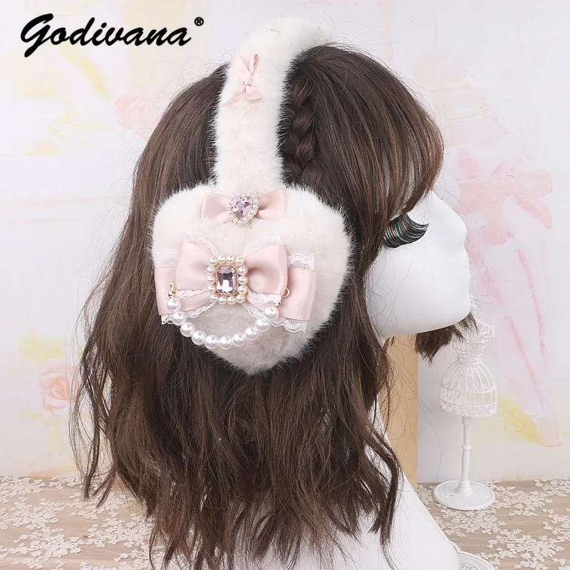 Handmade Sweet Cute Girls Earmuffs New Winter Japanese Mines Series Hairy Love Bow Rhinestone Warm Kawaii Earmuffs for Women