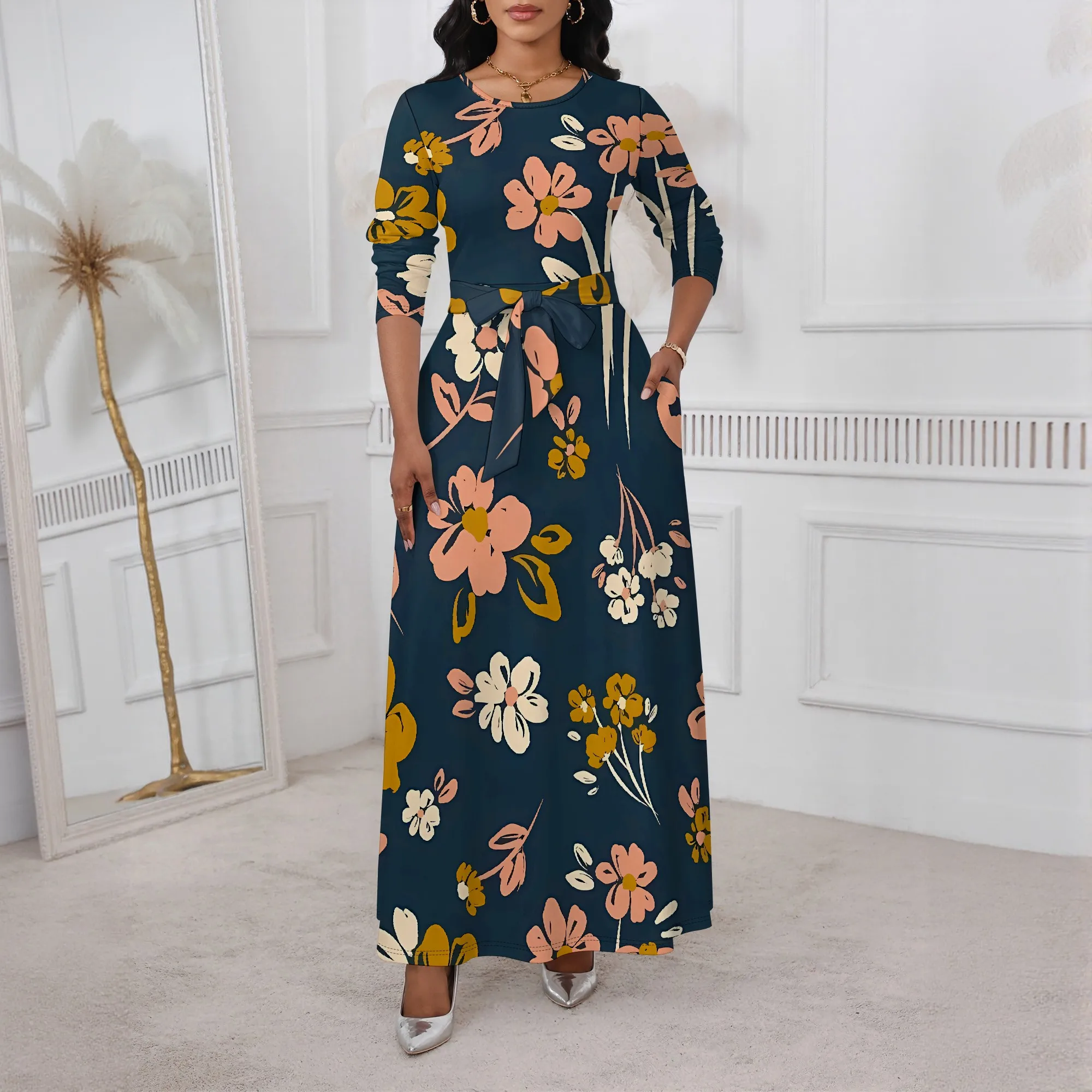 

Nupusa Standard Size Maxi Dress Dark Green Floral Print Long Sleeve Belted Pocketed Dress