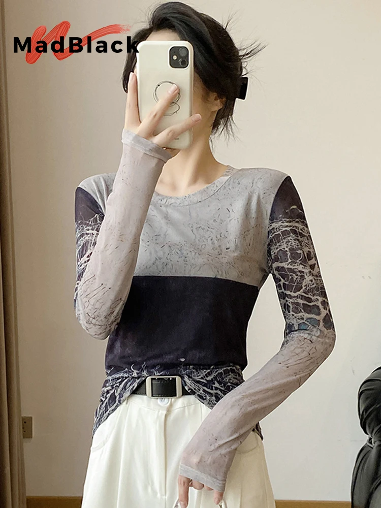 

MadBlack-Women European T-Shirt, Sexy O Neck Geometry Print, Fashion Long Sleeve Slim Mesh S-3XL Tee, 2025 Autumn New T59169CC