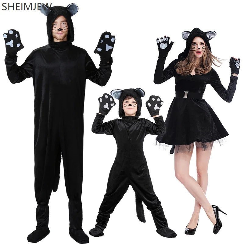 

Black Cat Role Play Couple Parent-child Costume Kitten Animal Hooded Home Suit Stage Performance Jumpsuit Halloween Costume