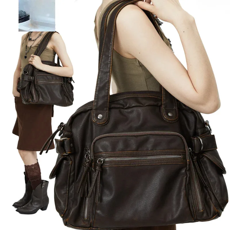 

Vintage Style PU Leather Tote, Soft Large Capacity Shoulder Bag with Multiple Pockets, Crossbody Handbag