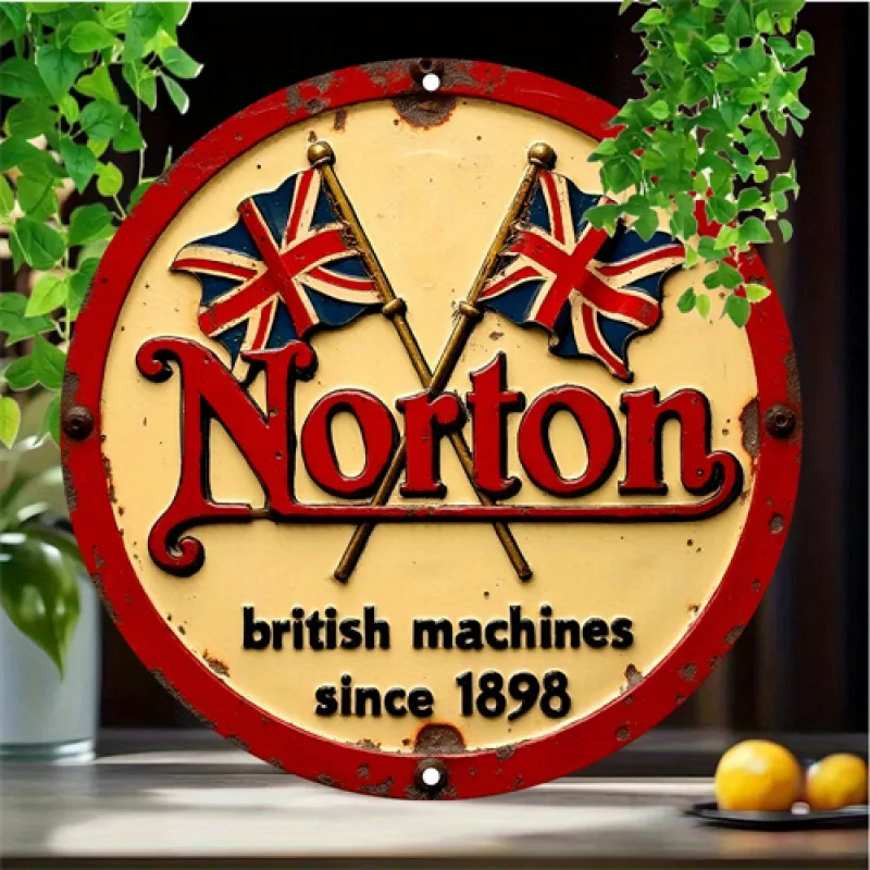 Norton Vintage British Machines Metal Sign 8x8 Round Iron Wall Art Union Jack Flag