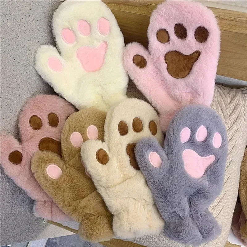 Winter Lovely Bear Plush Gloves Girls Cat Paw Claw Gloves Faux Fur Kitten Full Finger Mittens Women Christmas Halloween Gloves