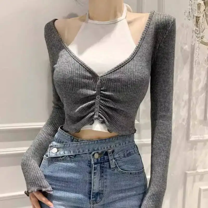 2026 Autumn Korean Version New V-neck Fake Two Piece Long Sleeve Pullover Women Cinching Waist Solid Slim Short Top QGS6