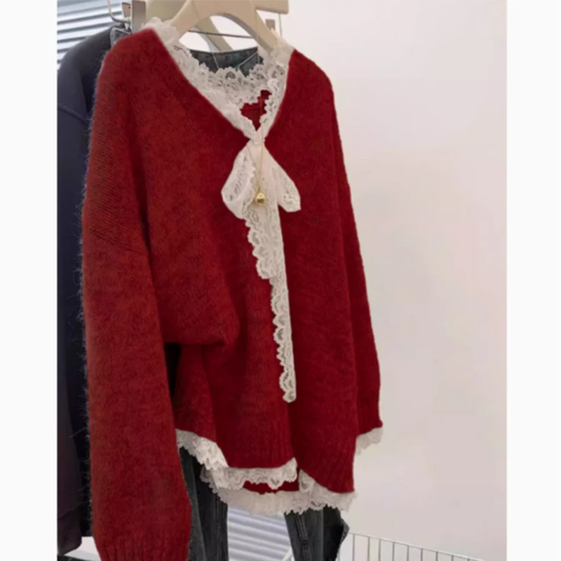 레드 브이넥 레이스 스플라이스 매듭 스웨터 여성용 가을 겨울 고급 니트 탑 스위트 슬림 핏 롱 스웨터