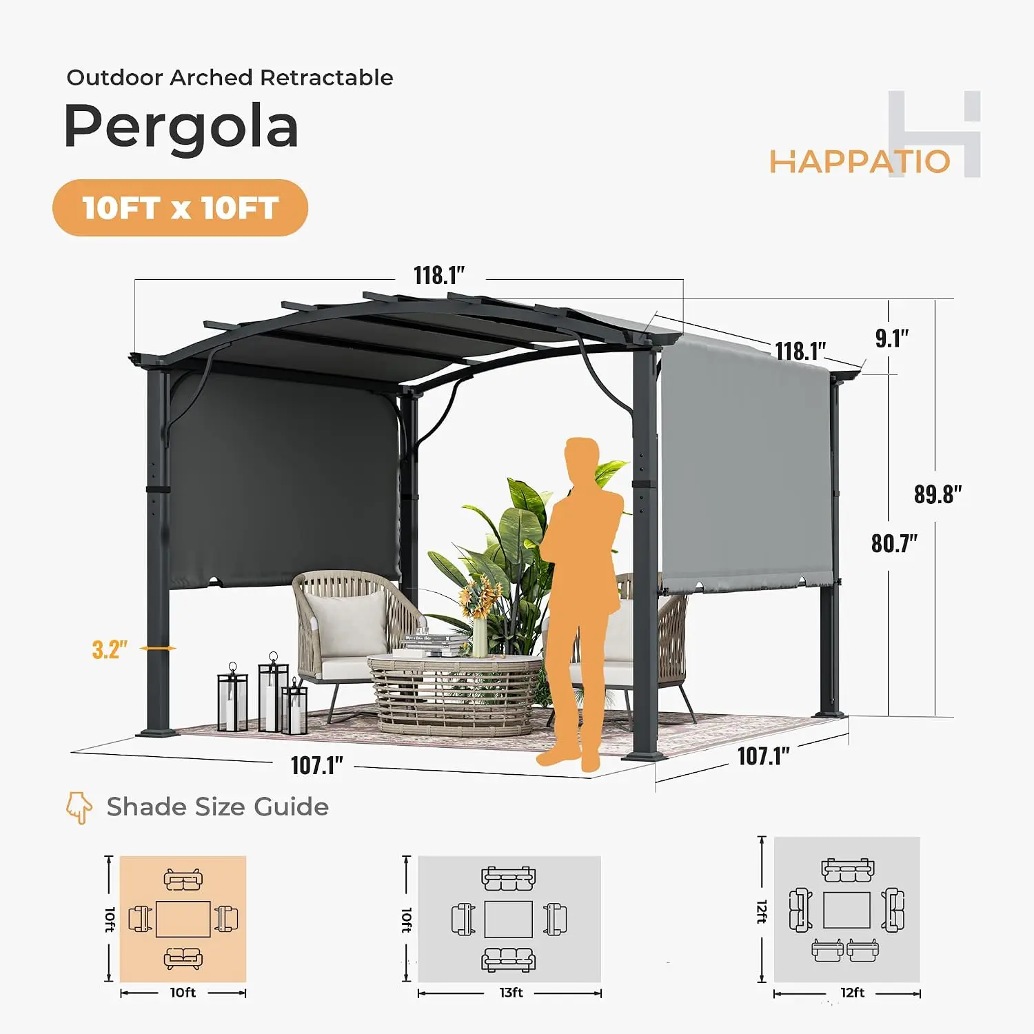 10'x10' Retractable Arched Pergola with Sun Shade, Aluminum Adjustable Frame, All-Weather Backyard Patio, Grey, Customized