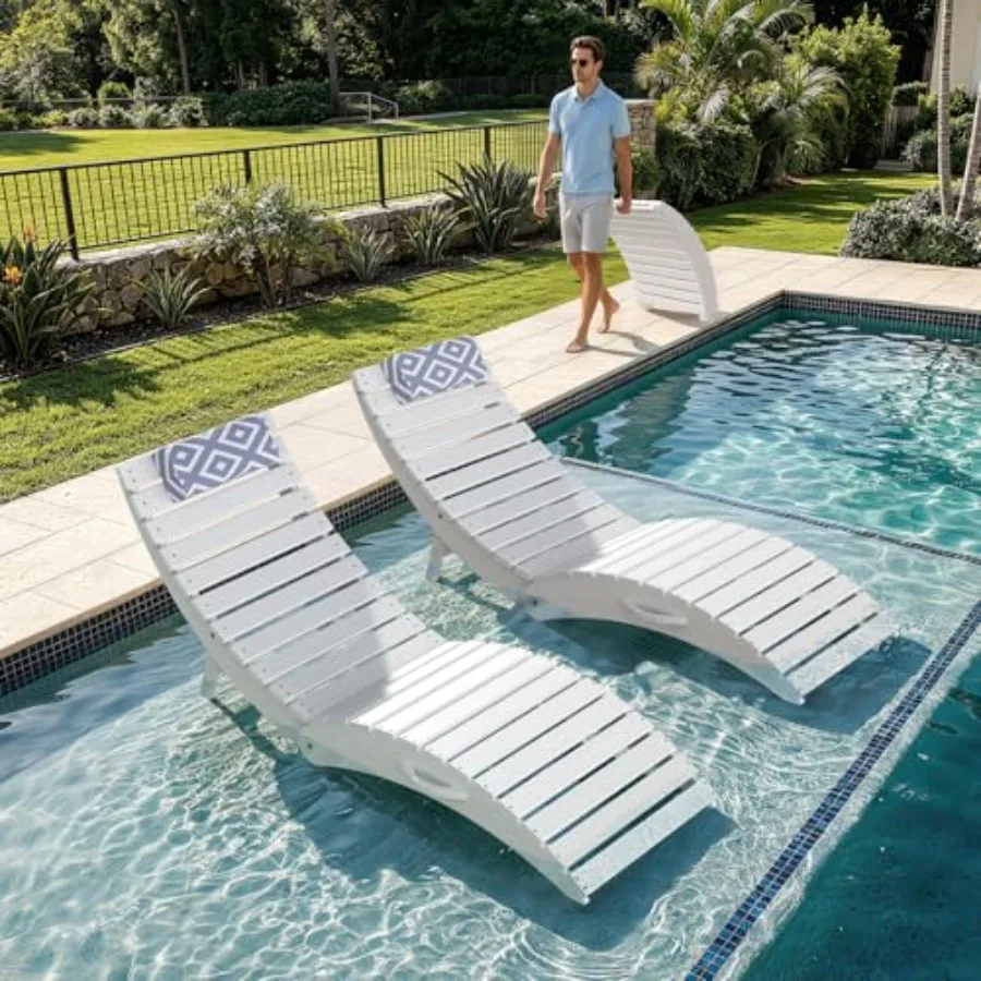 in Pool Lounge Chairs Set of 2 with Wheels, Folding Fade-Resistant Pool Lounger with Headrest and Handle, All Weather HDPE Tann