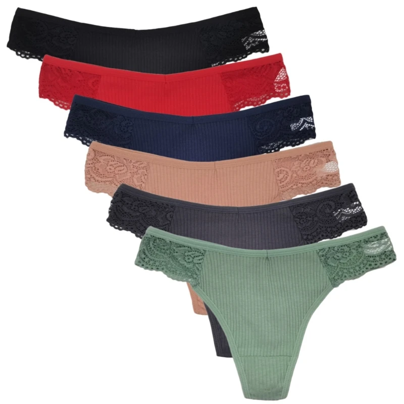 Y3NE 6 Pack Ribbed Cotton Lace Trim Thong Panties No Visible Panty Line Underwear Breathable Low Rise Briefs for Women Gift