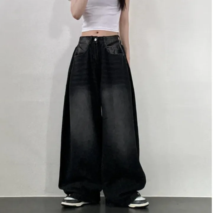 Jean Chic Vintage taille haute à jambes larges pour femmes, pantalon décontracté, plissé sur le côté, bouton caché, pantalon ample et amincissant