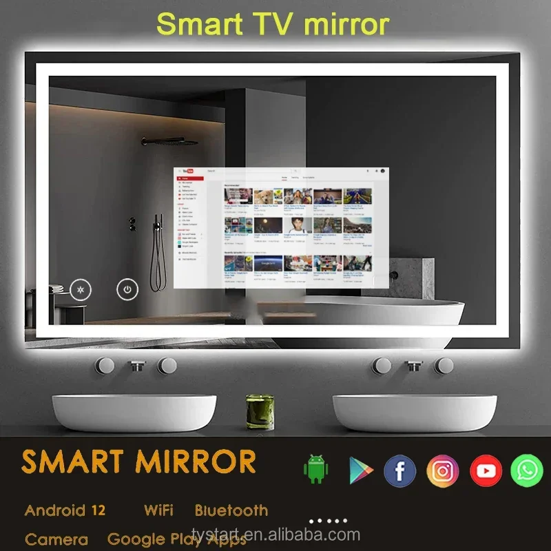 SuperFactory Blue-tooth Intelligent Mirror Android System Anti-fog Waterproof Smart Magic Mirror TV LED Lighting Bathroom Smart