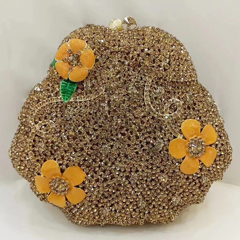 3D Flower Rhinestone Evening Clutch Purse Green Leaves Crystal Bags Yellow Floral Wedding Party Handbags Formal Diamond Clutch