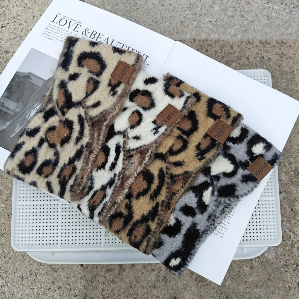 Leoparden-Stirnbänder mit Etikett, gestricktes, klobiges Stirnband, elastisch, gehäkelt, Turban, Ohrenwärmer, Kopfbedeckung für Damen und Erwachsene, Haar-Accessoires