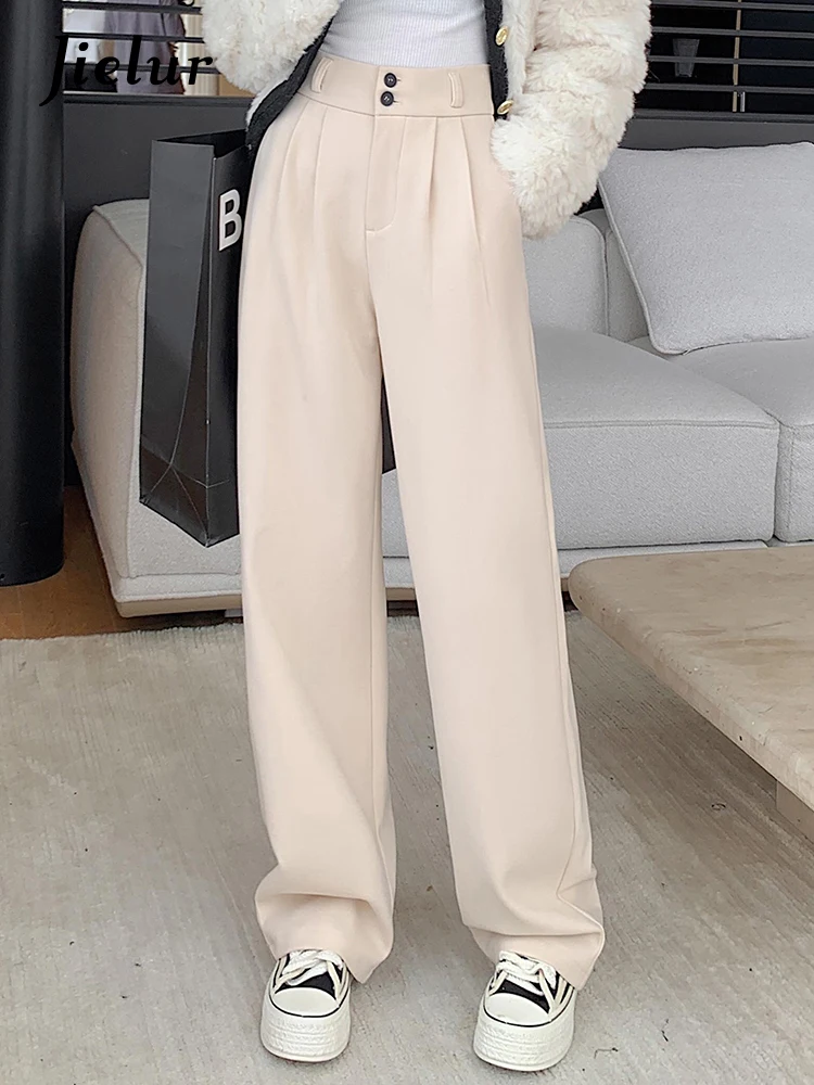 Jielur Winter Thick Straight Loose Female Wide Leg Pants Solid Color Casual Double Buttons Simple Fashion Women\'s Pants Apricot