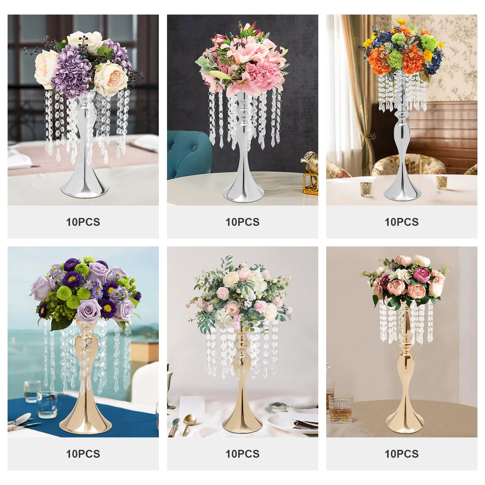 

10 PCS Gold/Silver Crystal Flower Stand Wedding Centerpieces for Tables Flower Holders Centerpiece Metal Flower Vase for Wedding