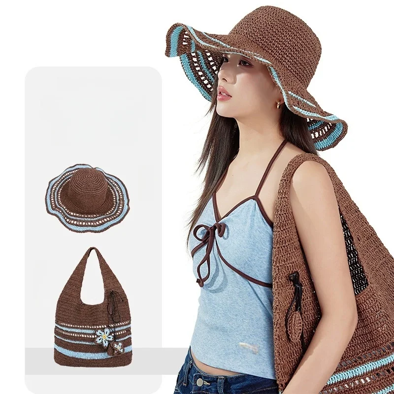 Women's Hand-Knitted Sun Hat: Summer Wide-Brim Sun Protection Straw Hat, Foldable Boater Hat for Outdoor Activities