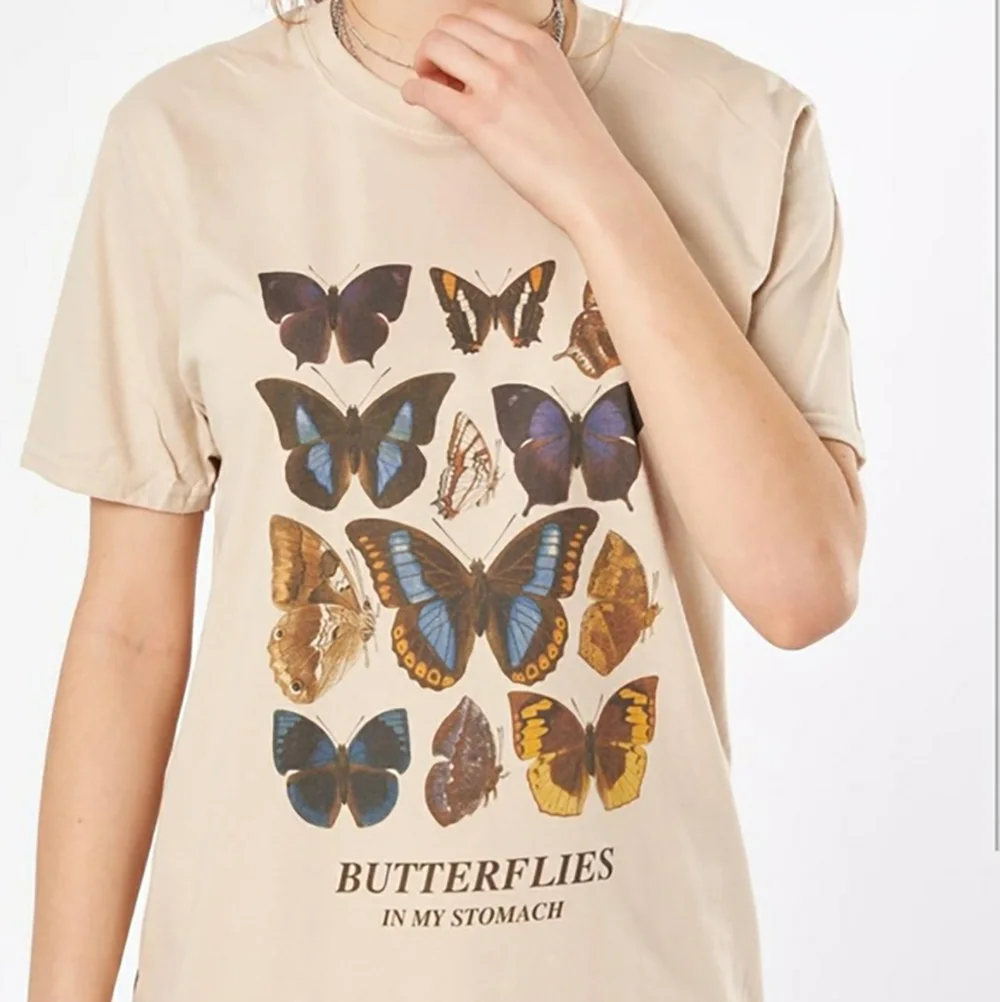 

Butterfly In My Stomach Oversized Women's T-shirt Khaki Casual Trendy Summer Top Cute O Necklace Short Sleeves Women Clothing