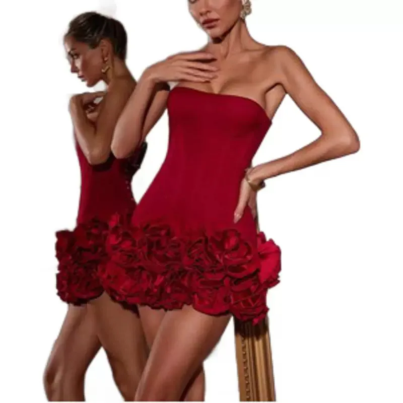

European and American Style Summer Women's Red High-End Sexy Strapless Dress Slim Fit Floral Hem Gown Dress Bodycon Dress