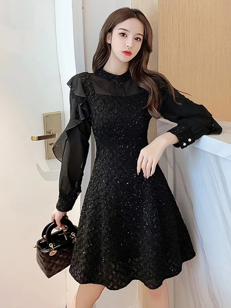 Autumn Winter Stand Collar Ruffles Mesh Patchwork Mini Dress Women Long Sleeve Elegant Fashion Bright Silk A-line Dresses Robe