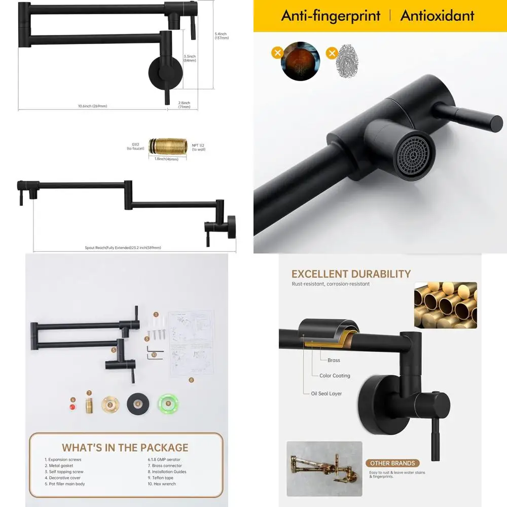 

Wall-Mounted Double-Jointed Swing Arm Matte Black Pot Filler Faucet with Brass Folding Arm and Two Handles for Kitchen and Resta
