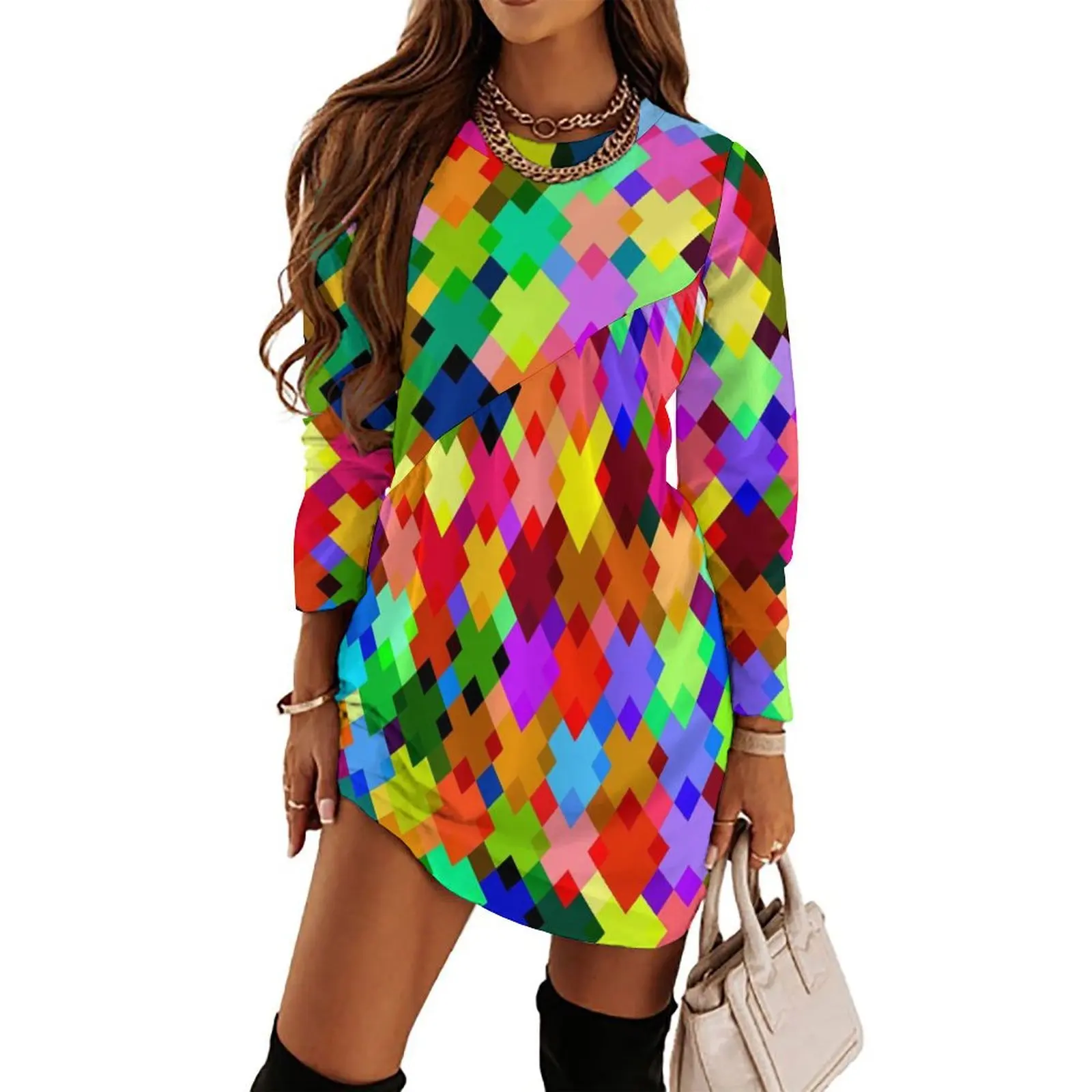 

Bright Checkered Colors Long Sleeved Dress Aesthetic clothing Dance dresses dresses for official occasions